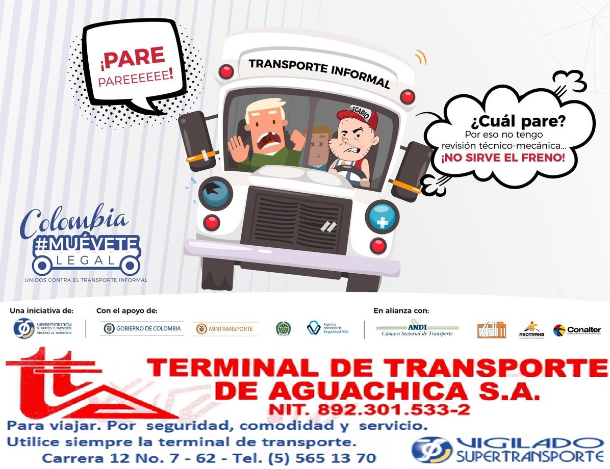 Colombia, #MuéveteLegal el transporte informal atenta contra tu seguridad y la de tus seres queridos. una campaña de la @Supertransporte apoya #TerminalAguachica