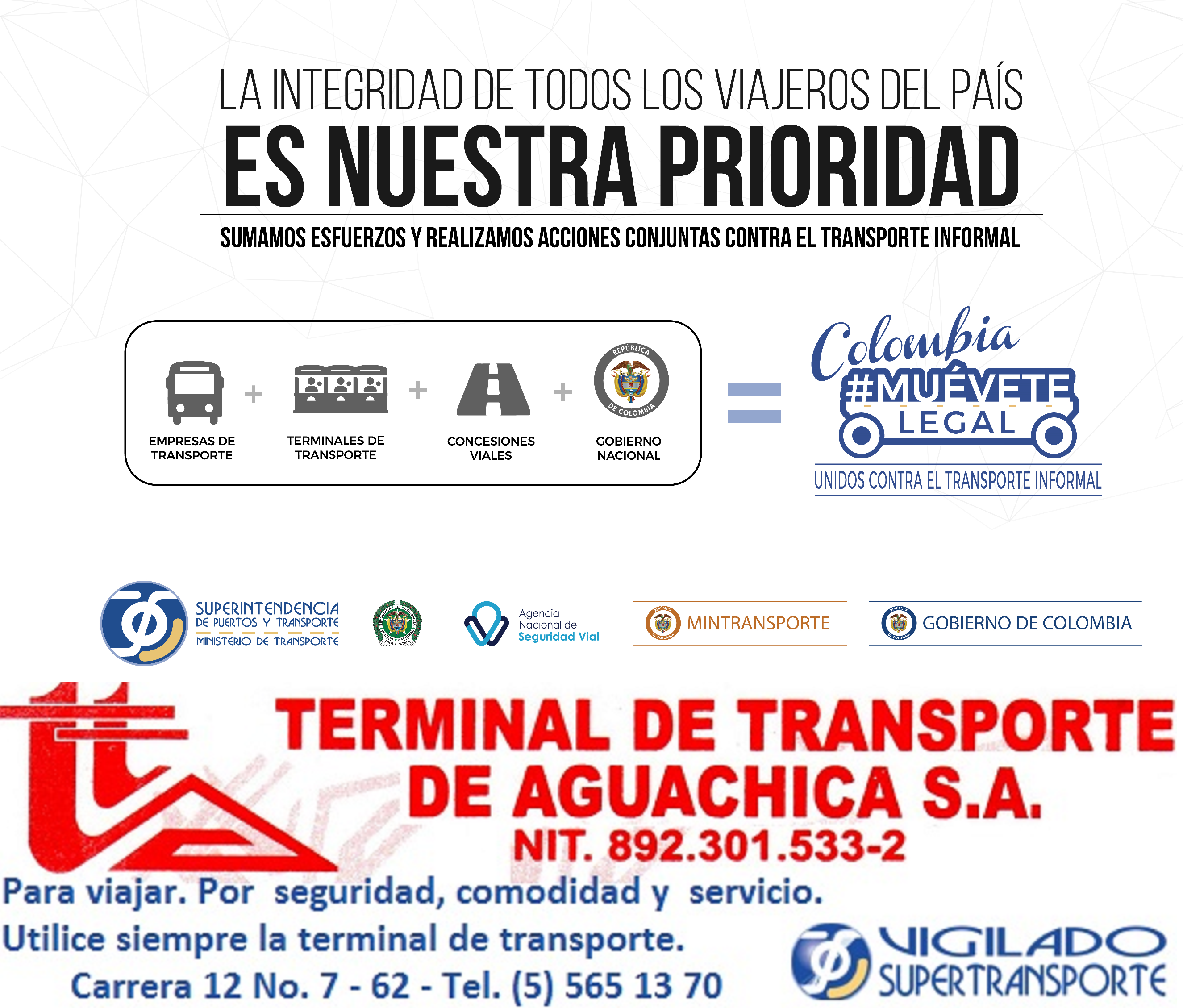 Combatir el transporte ilegal es responsabilidad de todos. Por eso #TerminalAguachica también se une a la campaña de la @Supertransporte: Colombia, #MuéveteLegal.